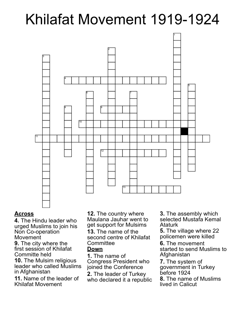 Khilafat Movement 1919-1924 Crossword