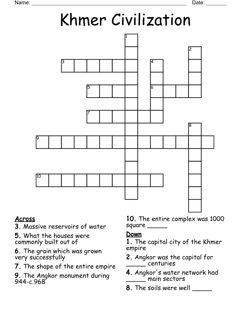Khmer Civilization Crossword