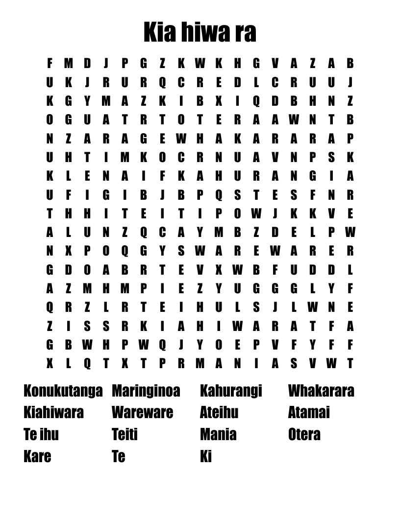 Kia hiwa ra Word Search