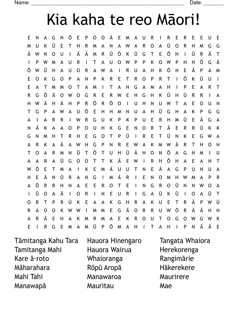 Kia kaha te reo Māori! Word Search
