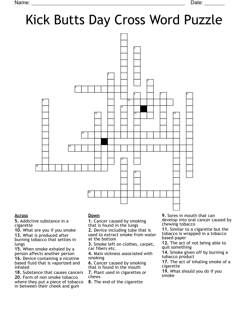 Kick Butts Day Cross Word Puzzle