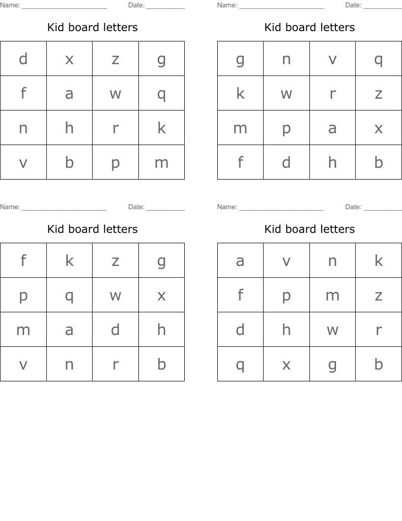 Kid board letters Bingo Cards