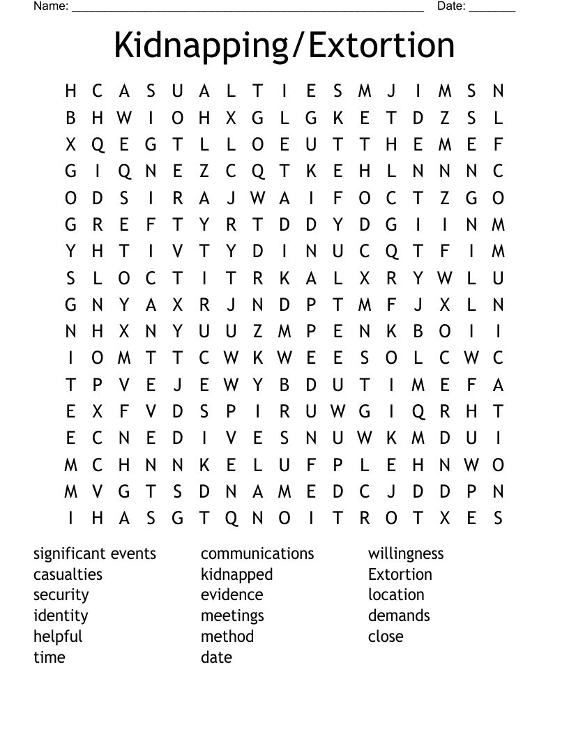 Kidnapping/Extortion Word Search