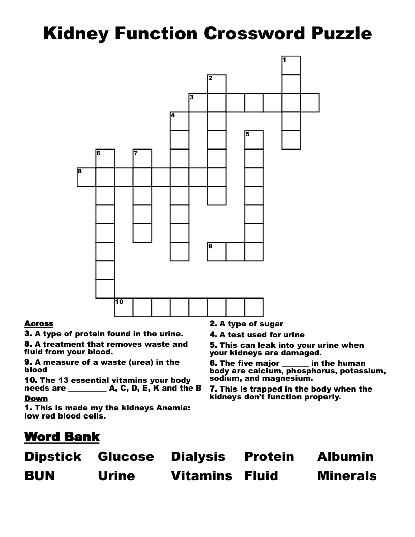 Kidney Function Crossword Puzzle