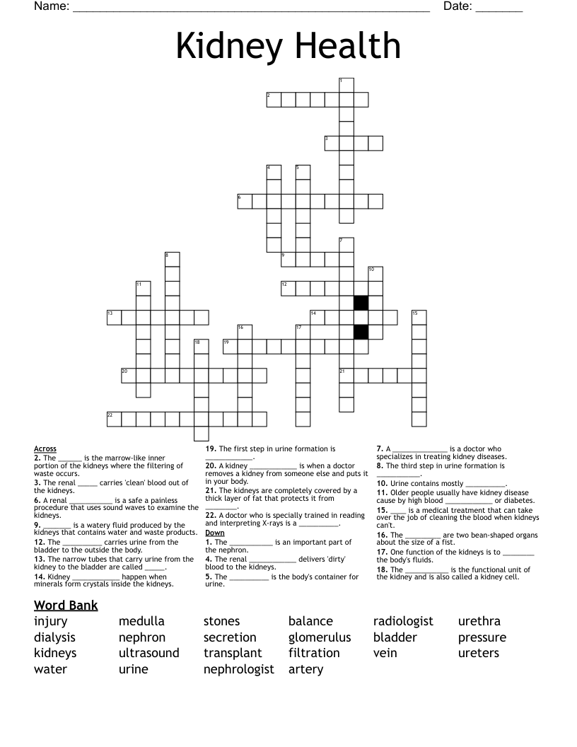 Kidney Health Crossword