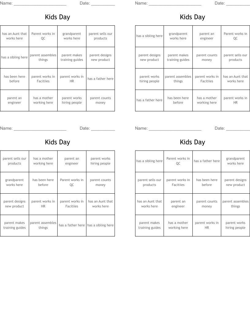 Kids Day Bingo Cards
