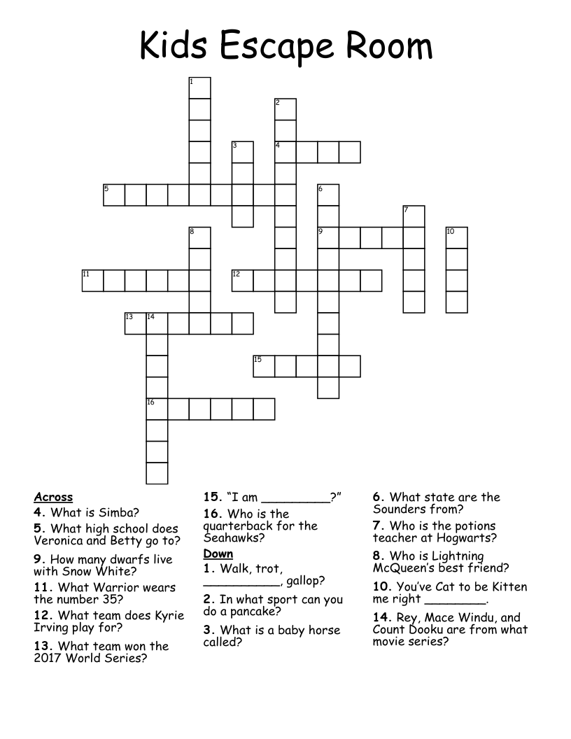 Kids Escape Room Crossword