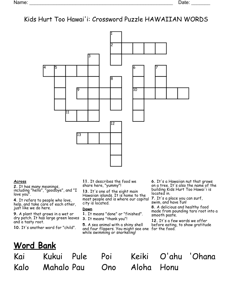 Kids Hurt Too Hawai'i: Crossword Puzzle HAWAIIAN WORDS