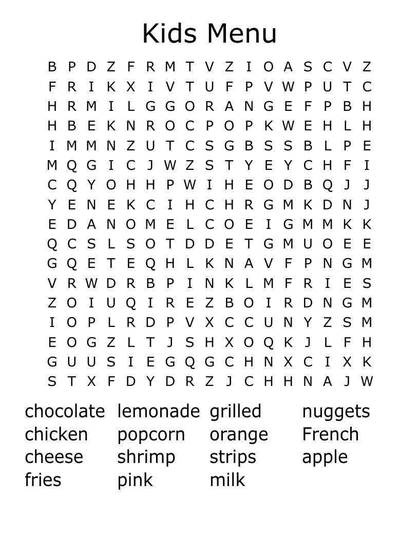 Kids Menu Word Search