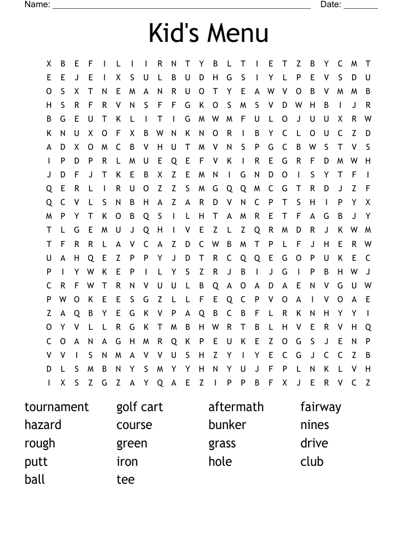 Kid's Menu Word Search