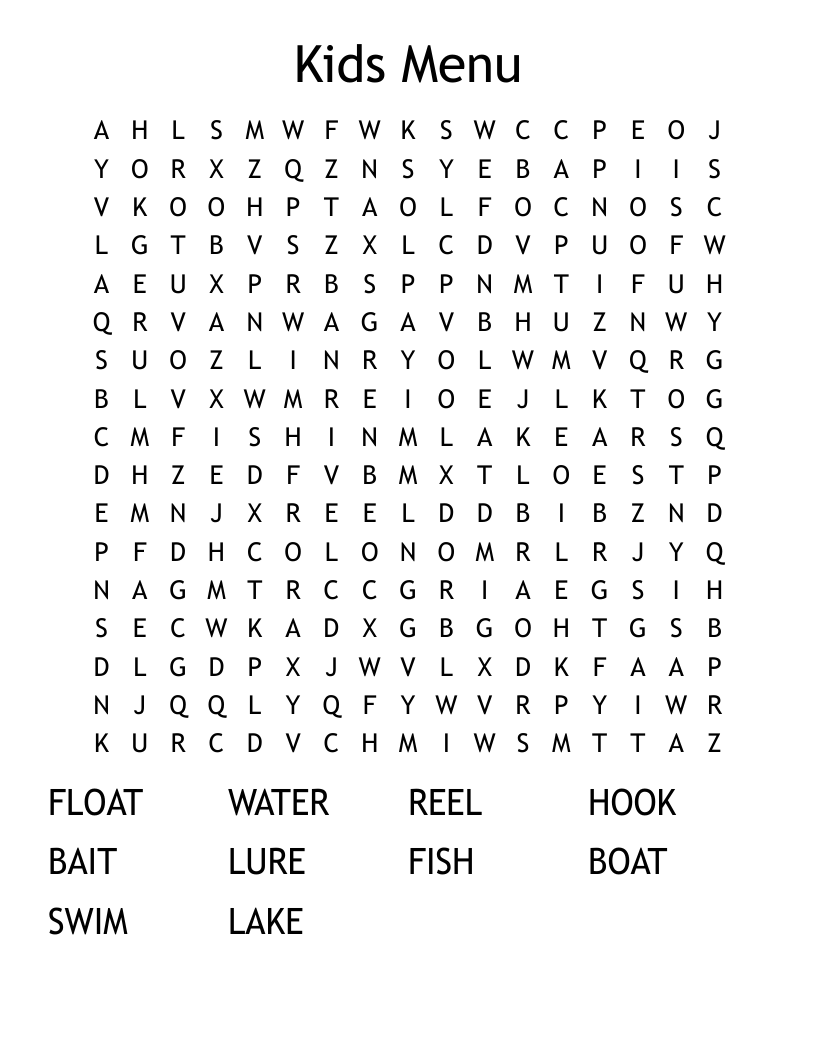 Kids Menu Word Search