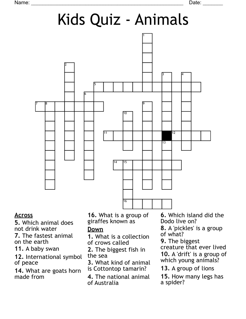 Kids Quiz - Animals Crossword