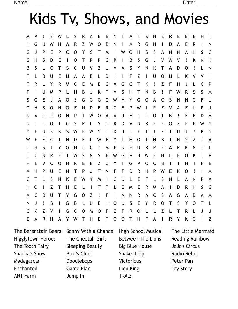 Kids Tv, Shows, and Movies Word Search