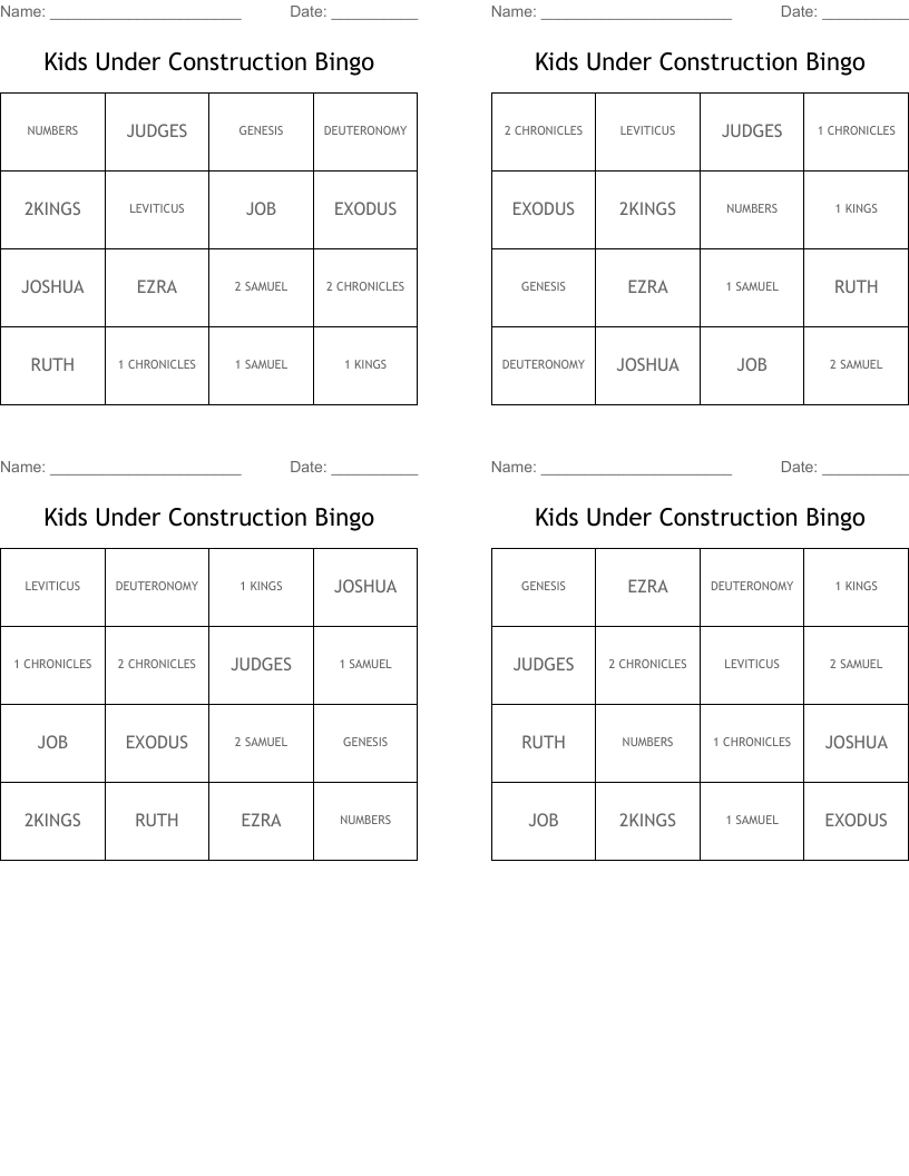 Kids Under Construction Bingo 