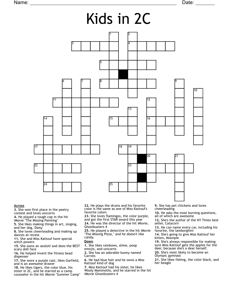 Kids in 2C Crossword