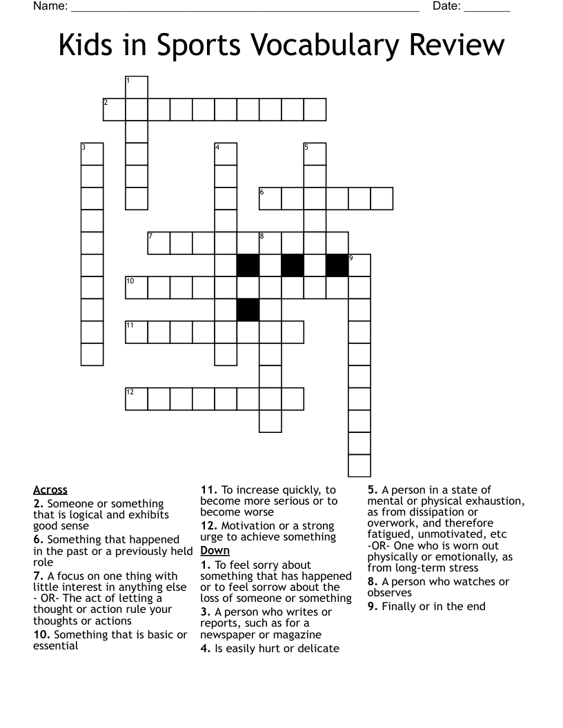 Kids in Sports Vocabulary Review Crossword