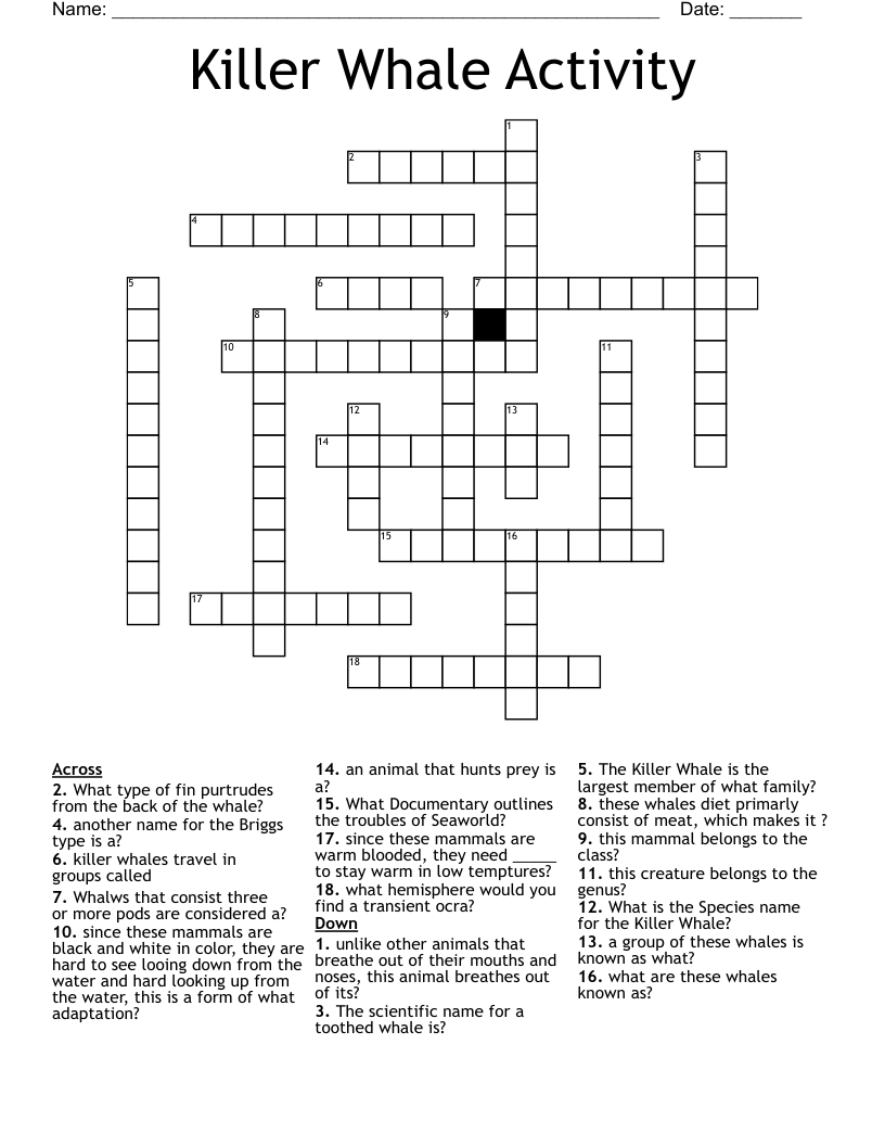 Killer Whale Activity Crossword