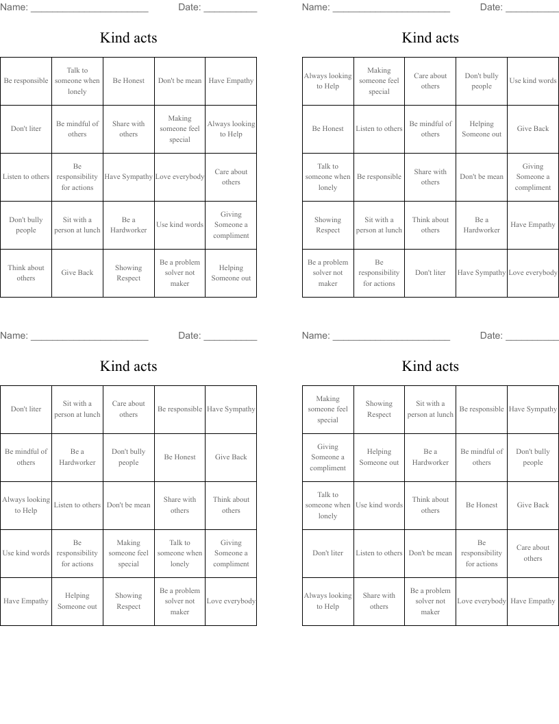 Kind acts Bingo Cards