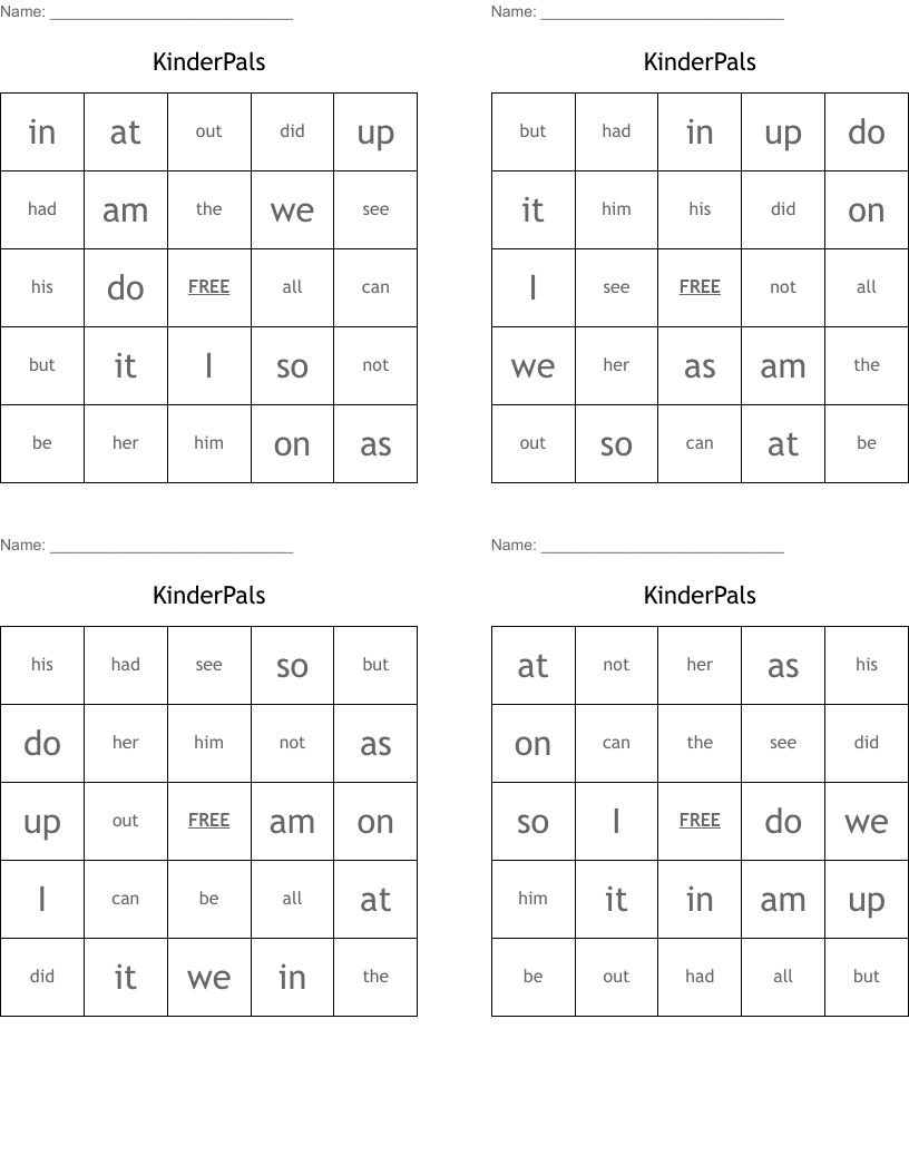 KinderPals Bingo Cards