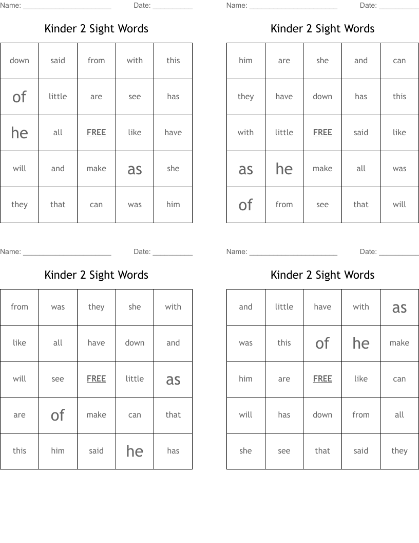 Kinder 2 Sight Words Bingo Cards