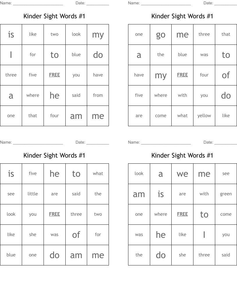 Kinder Sight Words #1 Bingo Cards