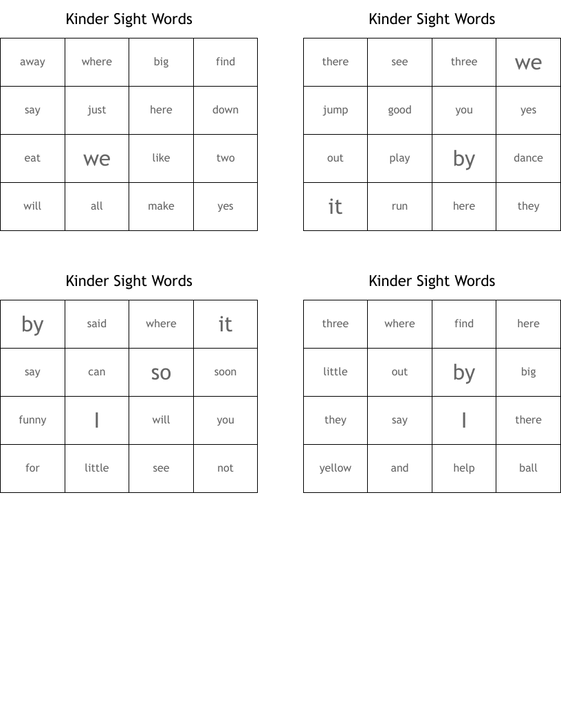 Kinder Sight Words Bingo Cards