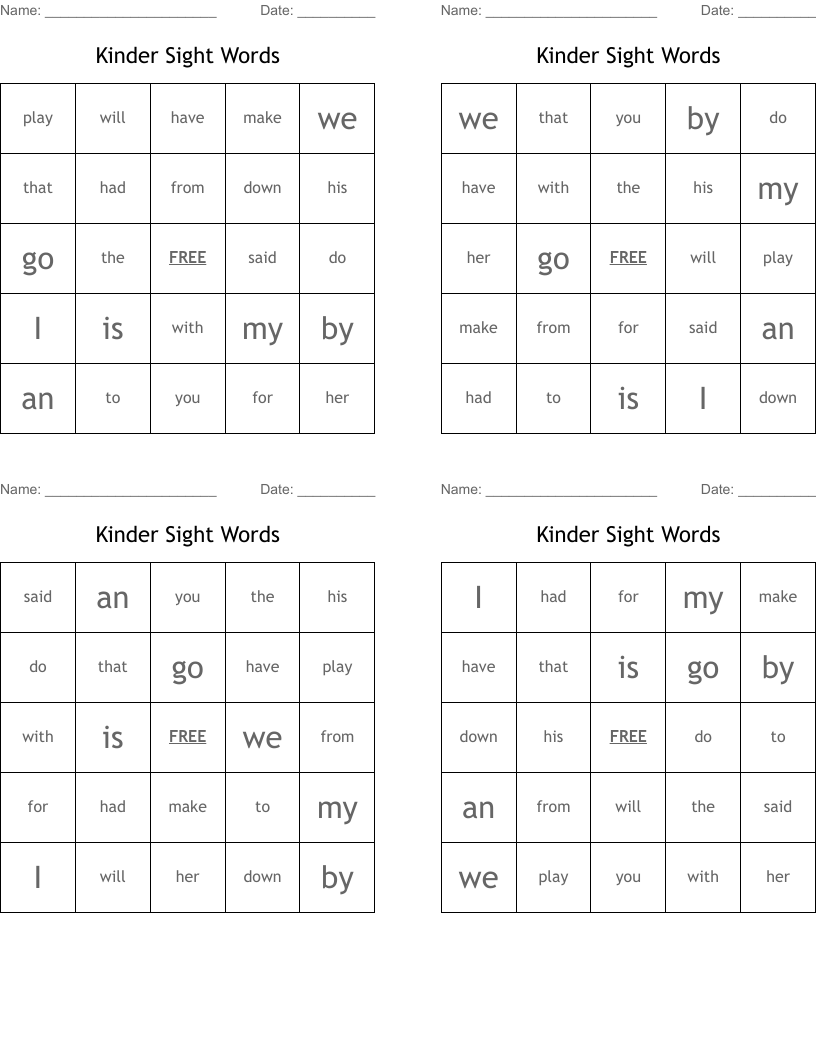 Kinder Sight Words Bingo Cards