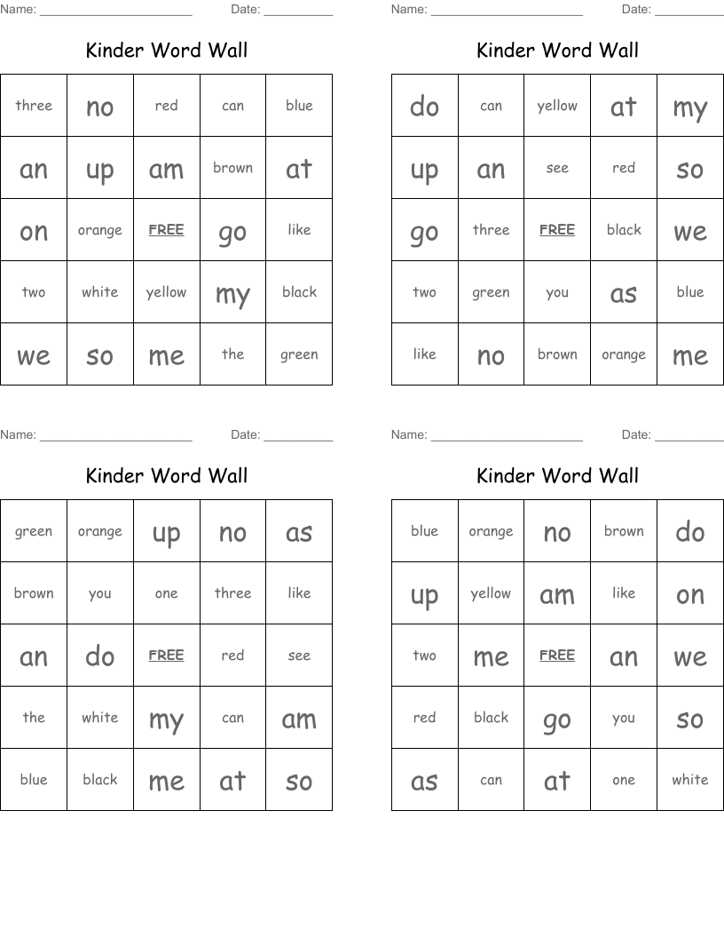 Kinder Word Wall Bingo Cards