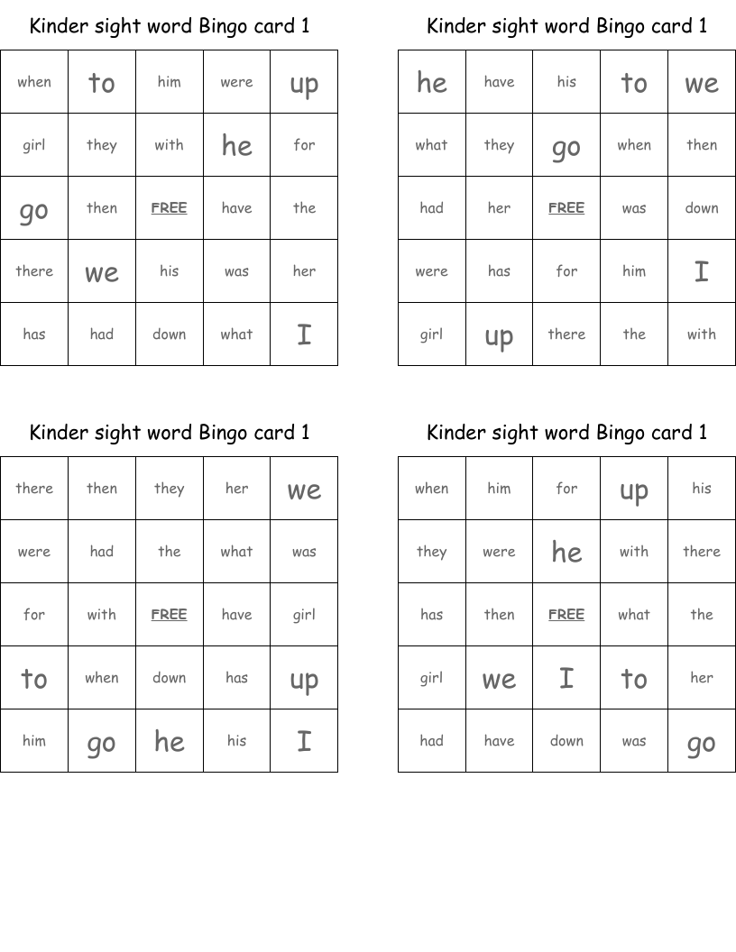 Kinder sight word Bingo card 1