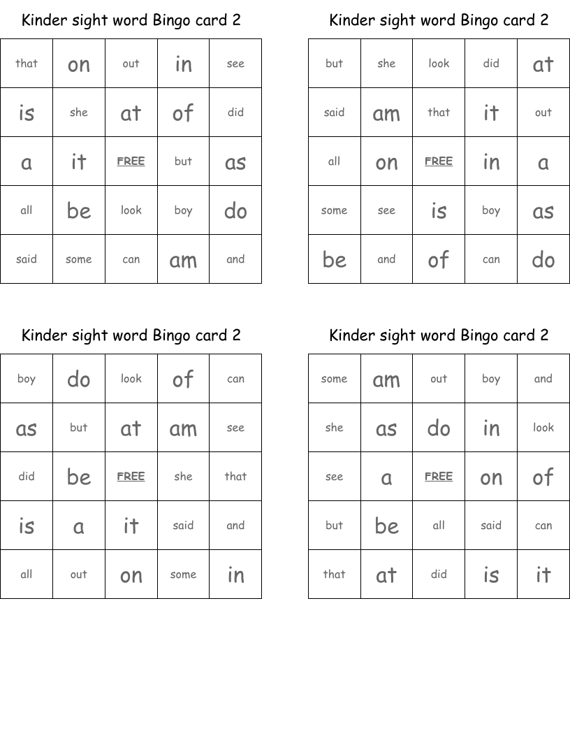 Kinder sight word Bingo card 2