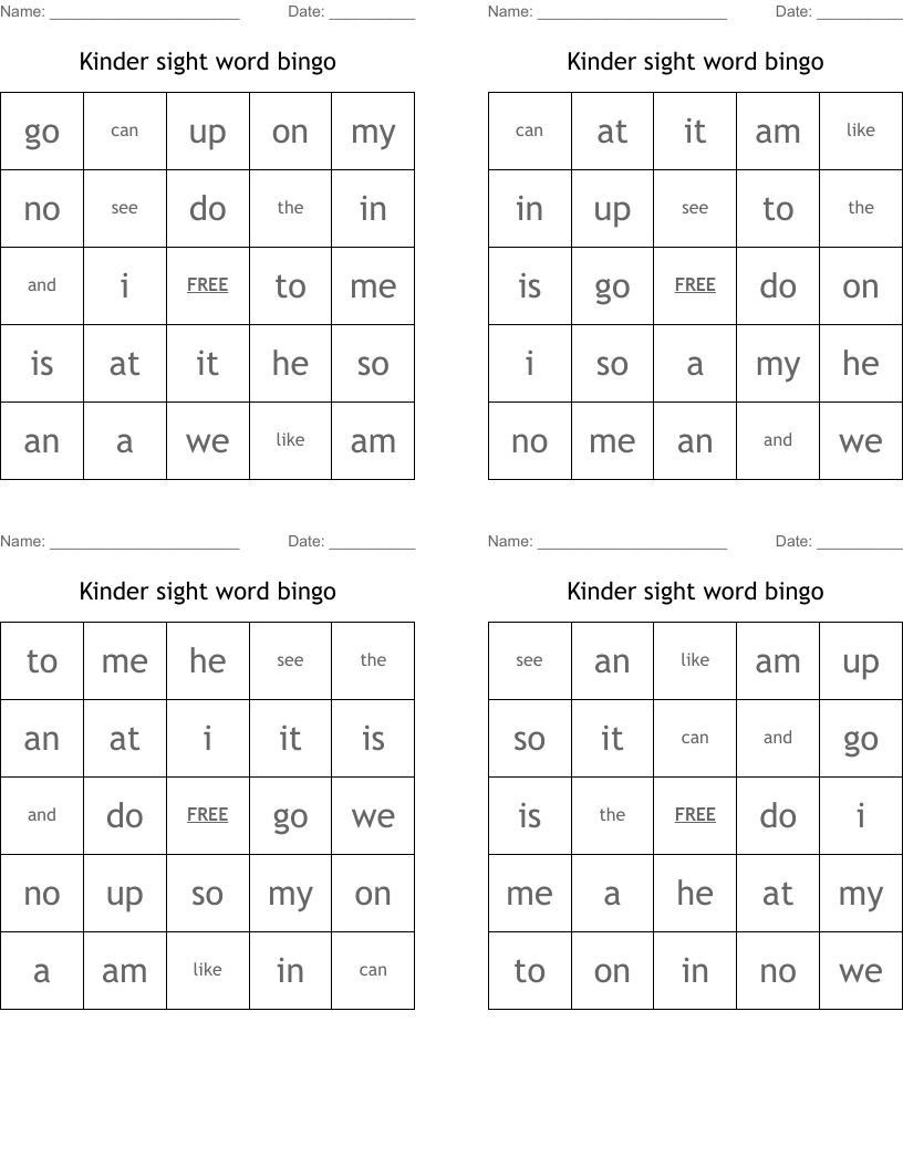 Kinder sight word bingo