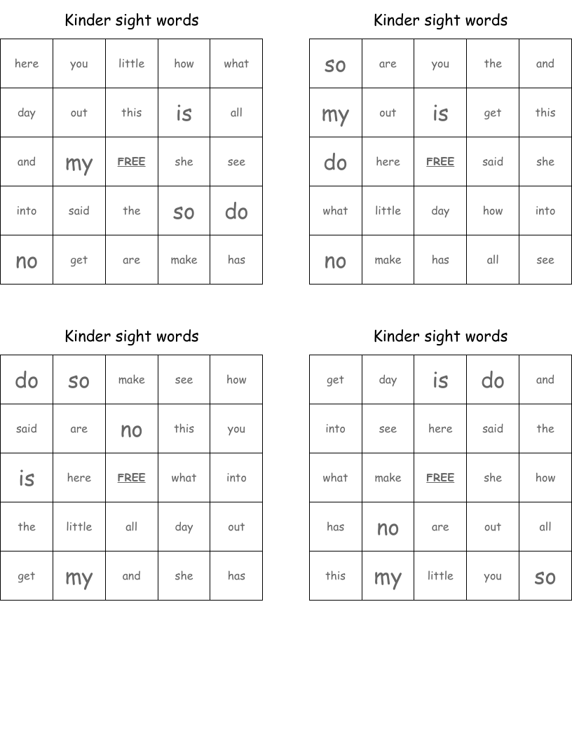 Kinder sight words Bingo Cards