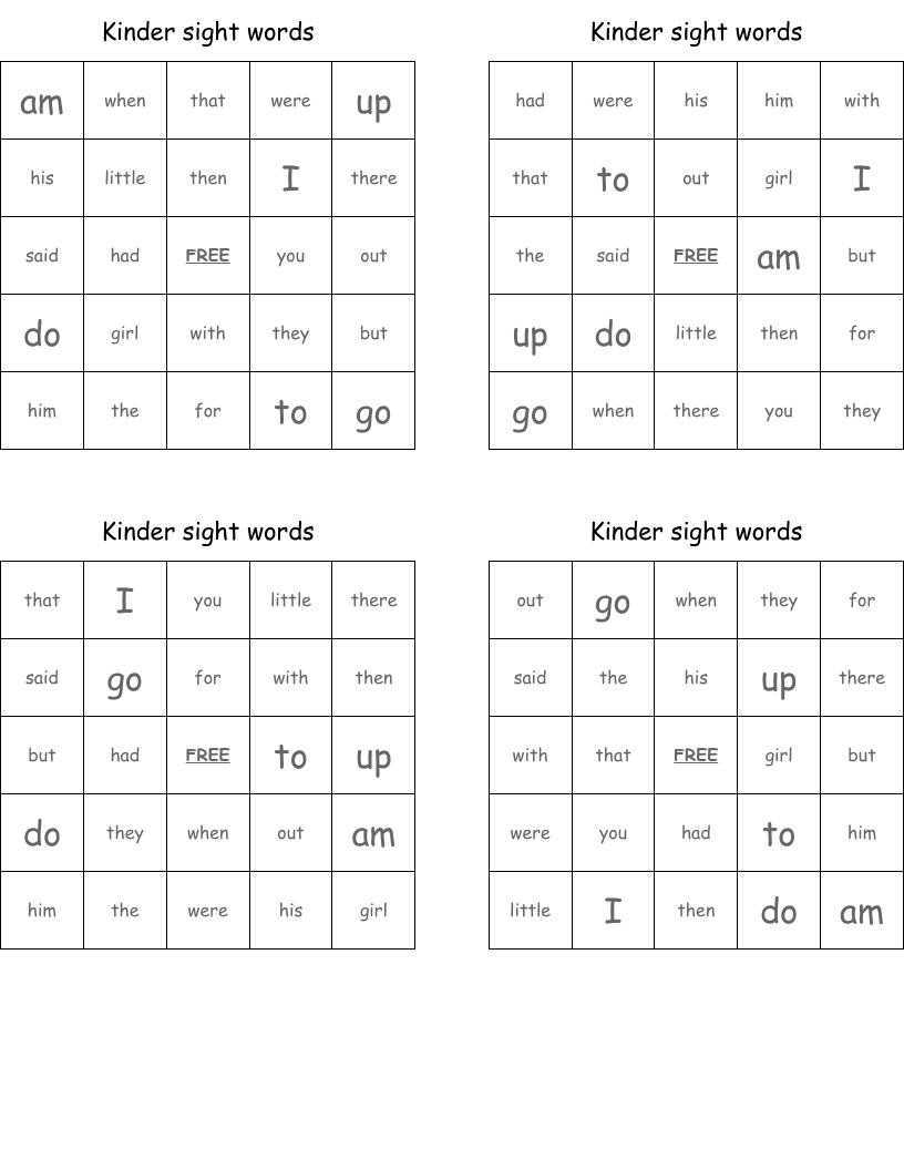 Kinder sight words  Bingo Cards