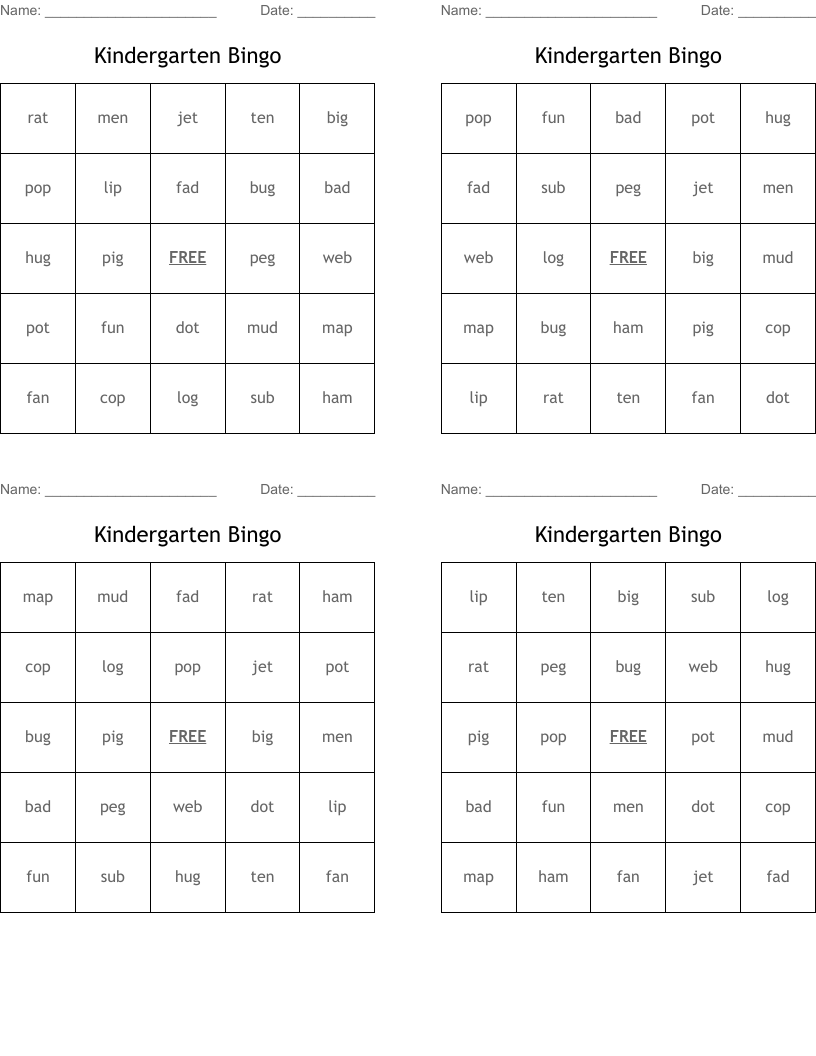 Kindergarten Bingo
