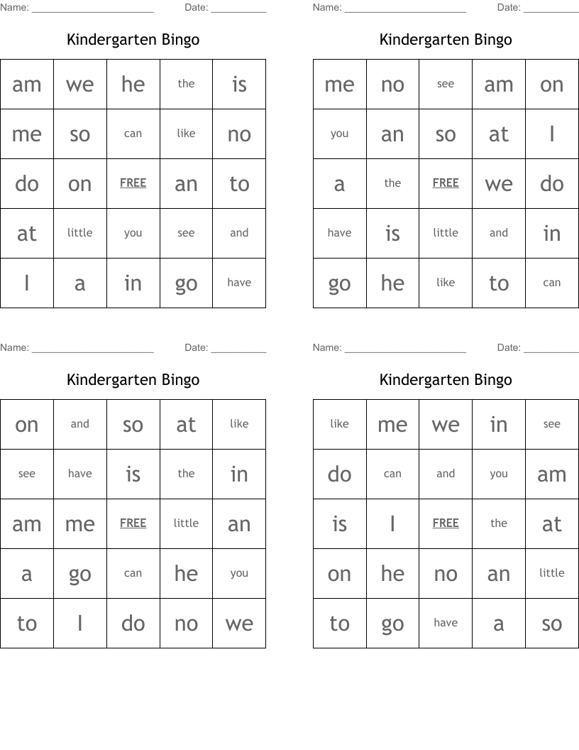 Kindergarten Bingo