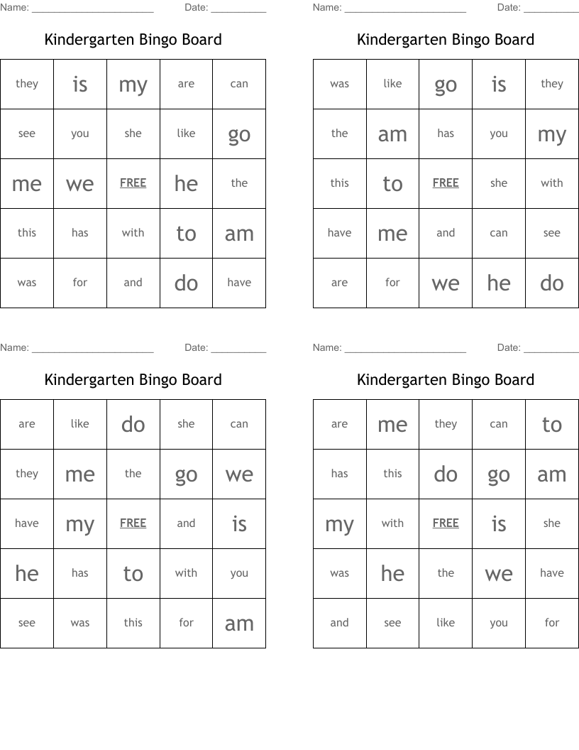 Kindergarten Bingo Board