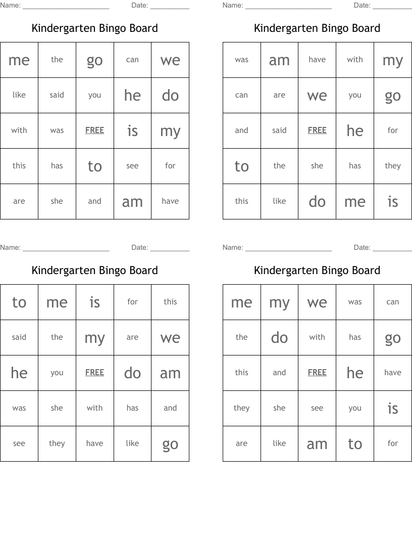 Kindergarten Bingo Board