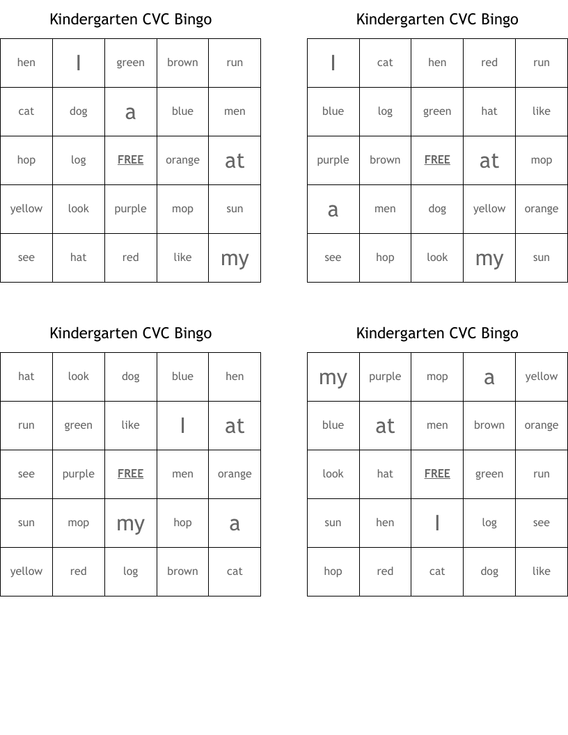 Kindergarten CVC Bingo