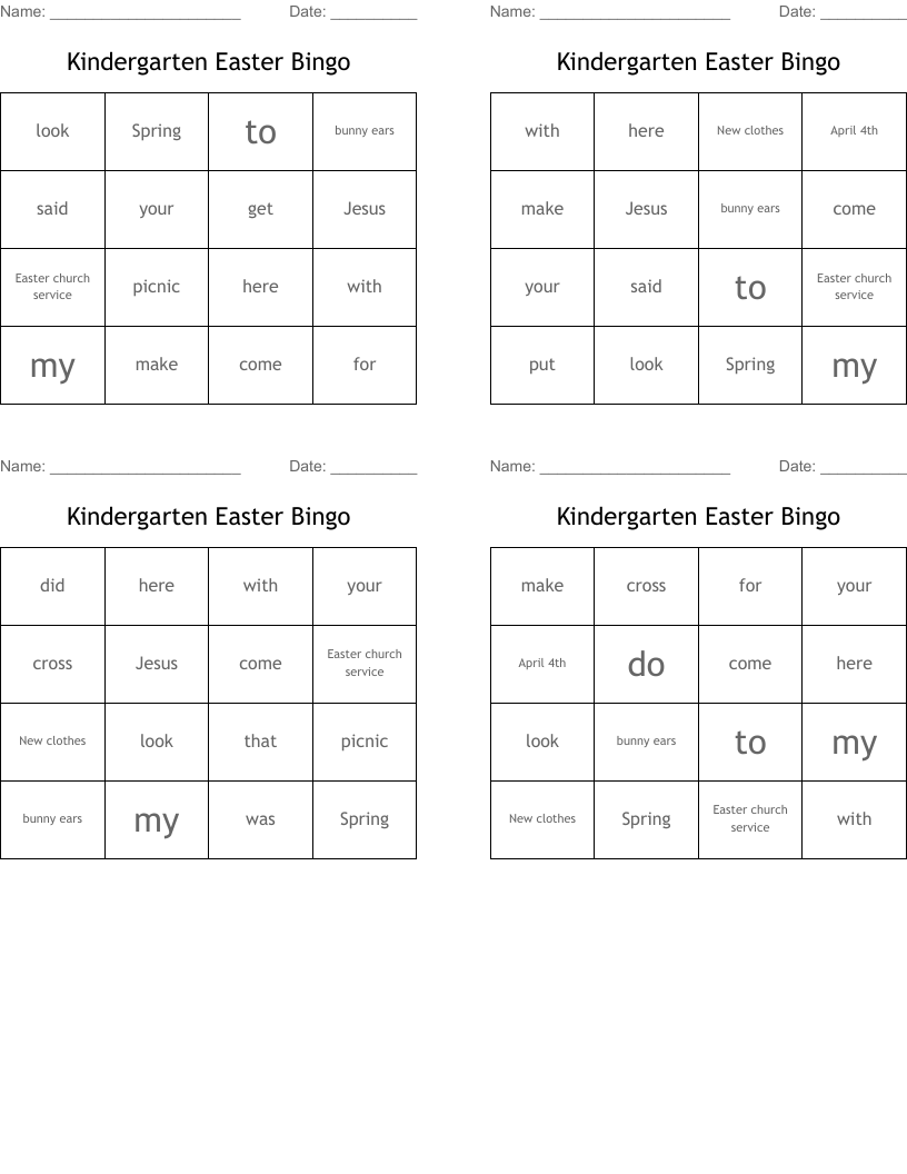 Kindergarten Easter Bingo 