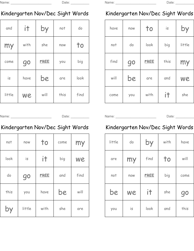Kindergarten Nov/Dec Sight Words Bingo Cards