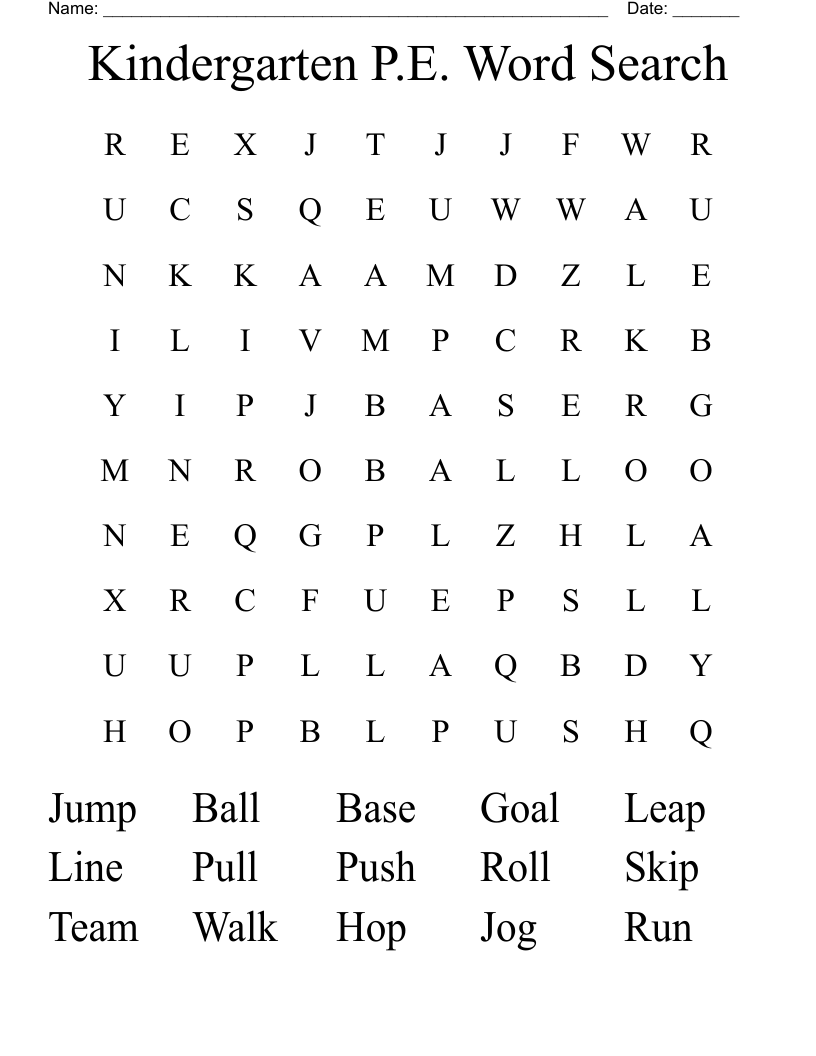 Kindergarten P.E. Word Search