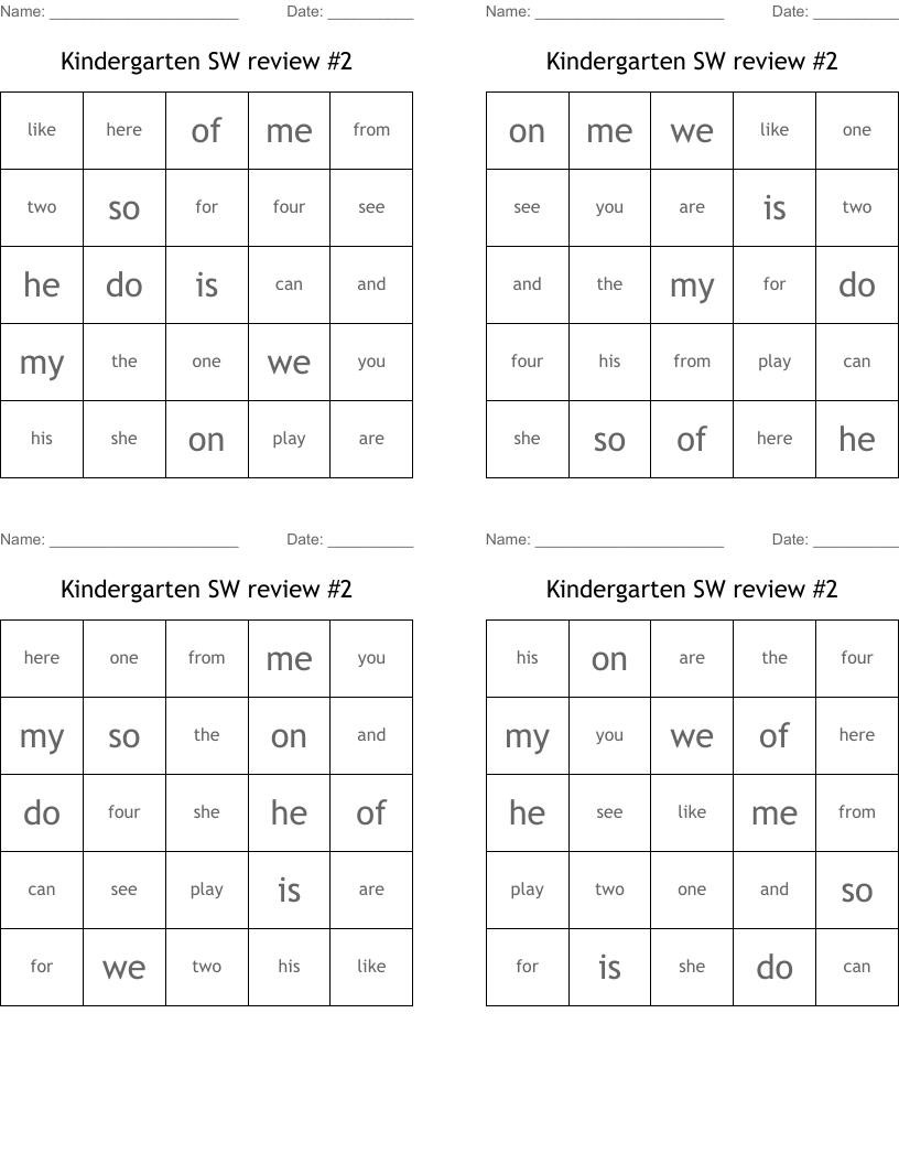 Kindergarten SW review #2 Bingo Cards