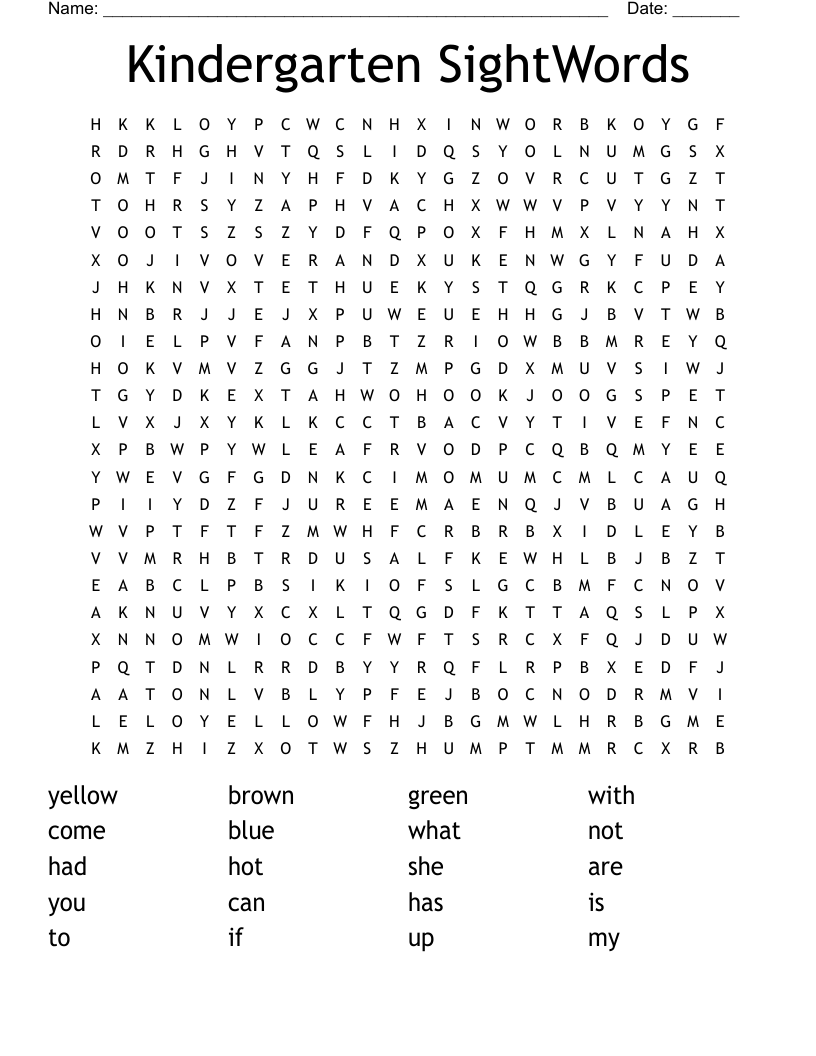 Kindergarten SightWords Word Search