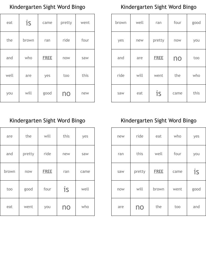 Kindergarten Sight Word Bingo