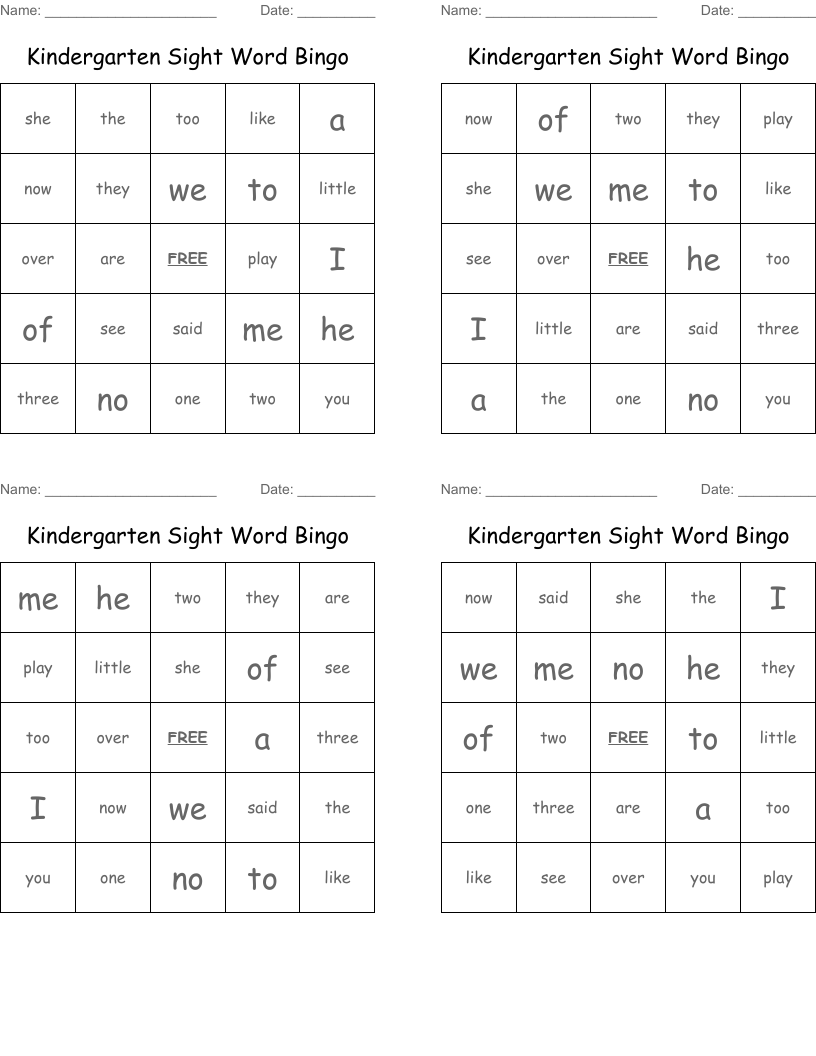 Kindergarten Sight Word Bingo