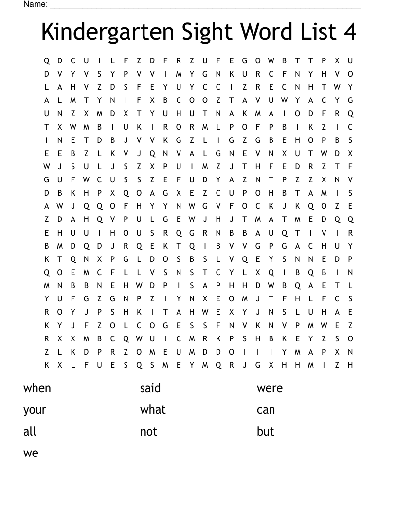 Kindergarten Sight Word List 4 Word Search