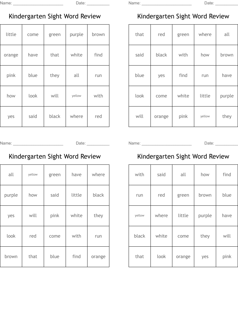 Kindergarten Sight Word Review Bingo Cards