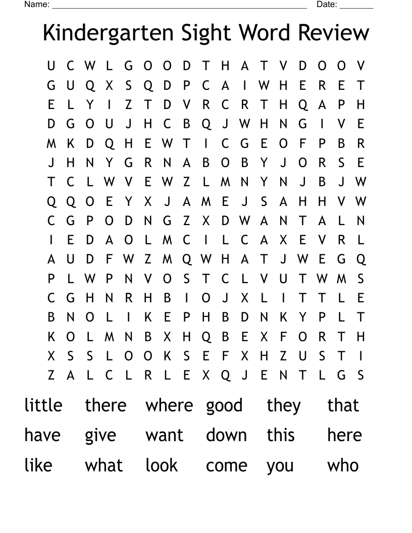 Kindergarten Sight Word Review Word Search