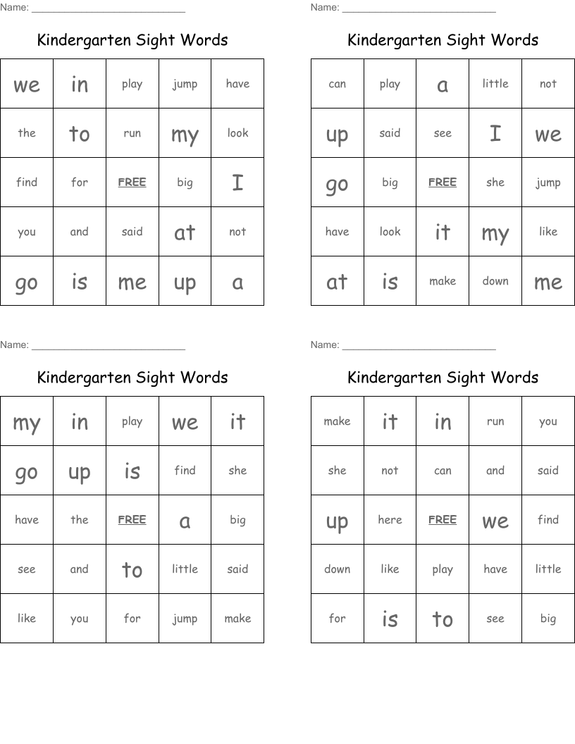 Kindergarten Sight Words Bingo Cards
