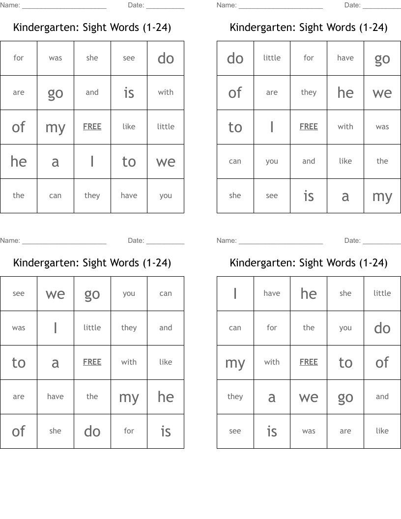 Kindergarten: Sight Words (1-24) Bingo Cards